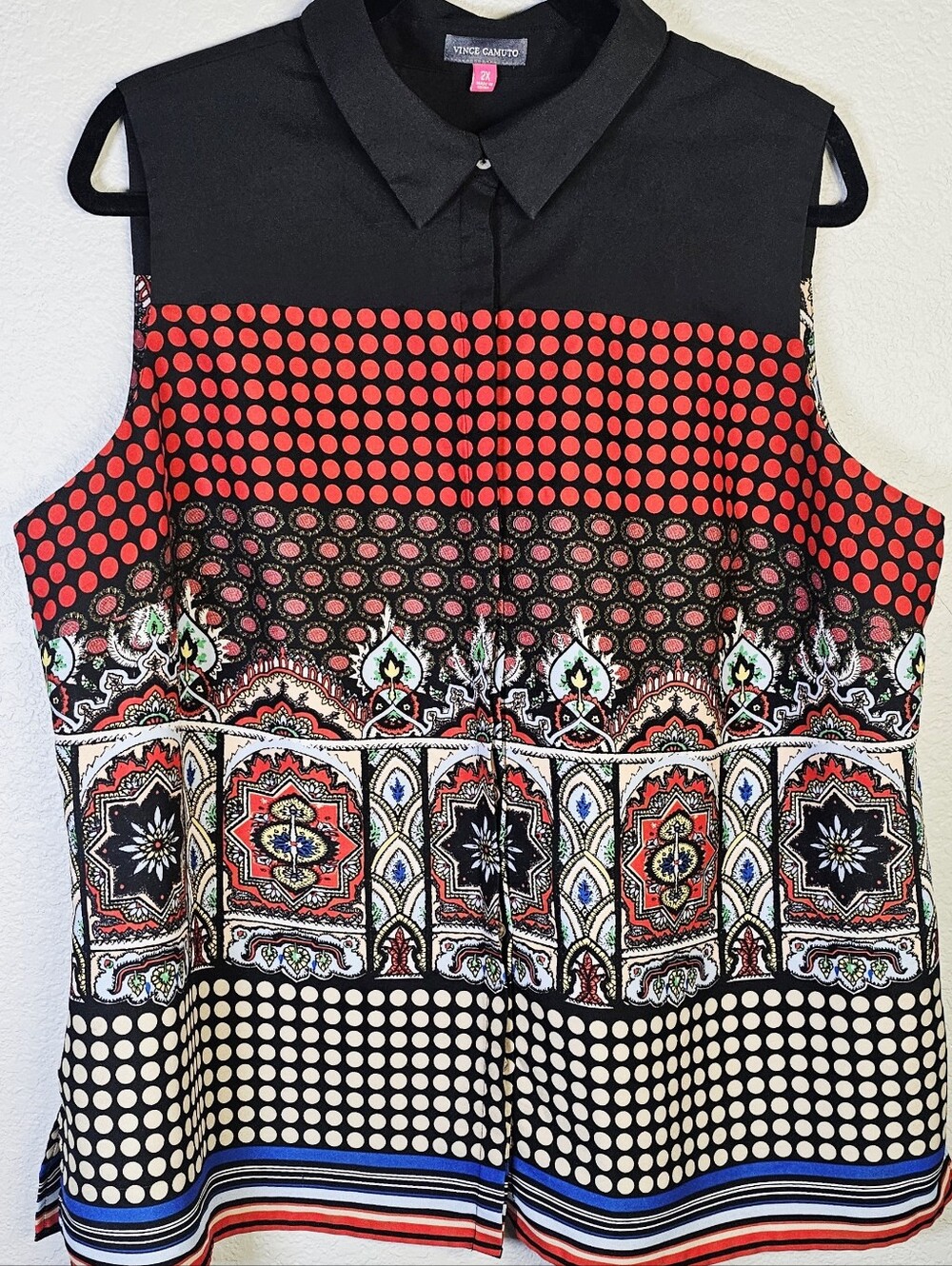 Vince Camuto 2X Mixed Print Sleeveless Collared Tunic Blouse